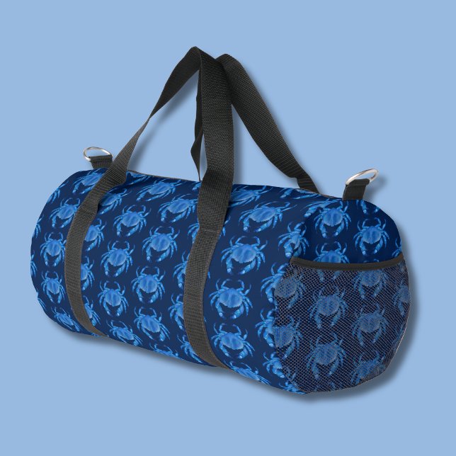 Blue Crab Pattern Duffle Bag (Blue crab patterned duffel bag on navy blue background)