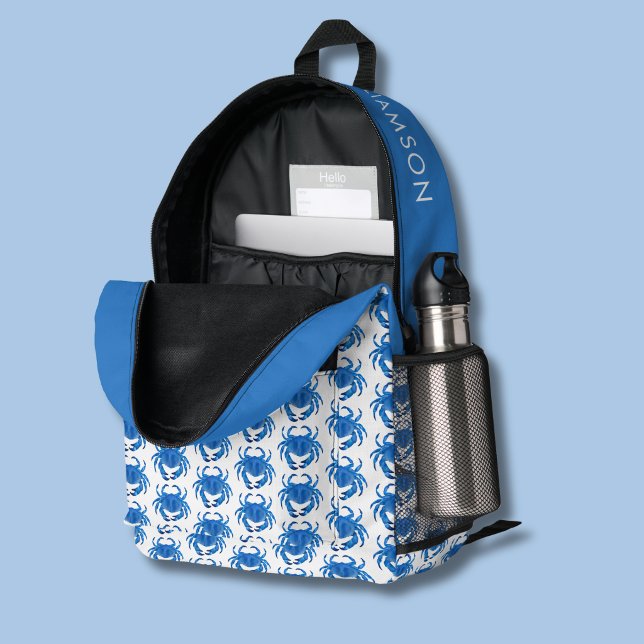 Blue Crab Pattern Name Printed Backpack (Crab pattern blue backpack)