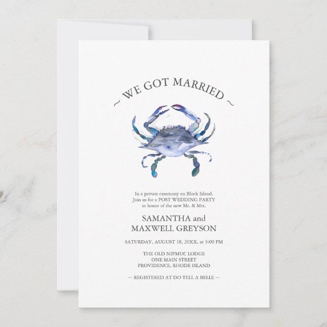 Blue Crab Post Beach Wedding Party Invitation (Front)