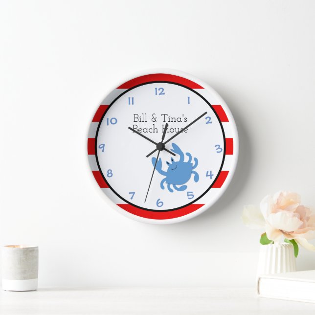 Blue Crab Red Nautical Personalised Wall Clock (Home)