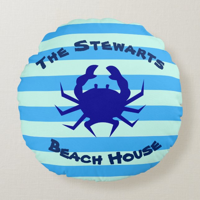 Blue Crab Round Beach House Decor Cushion (Front)