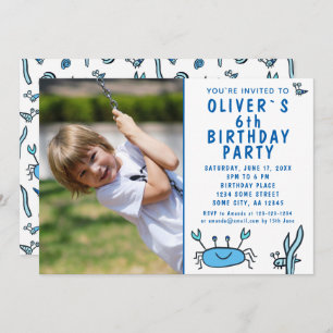 Blue Crab Sea Animals Shell Boy Photo Birthday  In Invitation