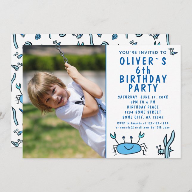 Blue Crab Sea Animals Shell Boy Photo Birthday  In Invitation (Front/Back)