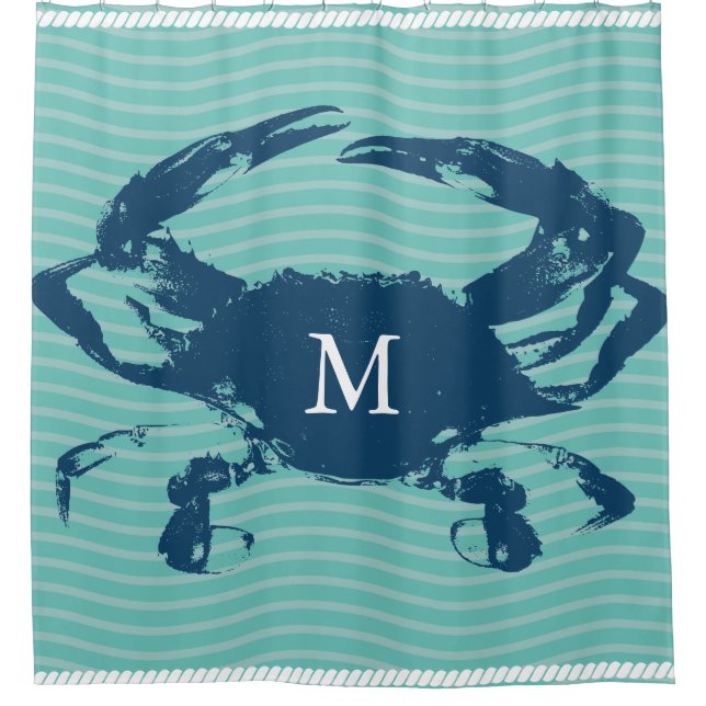 Blue Crab Sea Waves Rope Monogrammed Shower Curtain (Front)