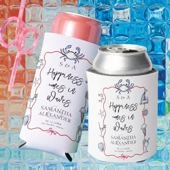 Blue Crab Seafood Doodle Beach Destination Wedding Can Cooler (Coastal Maine Beach Blue Crab Doodles Destination Wedding Favors Can Cooler Elegant Preppy Script)