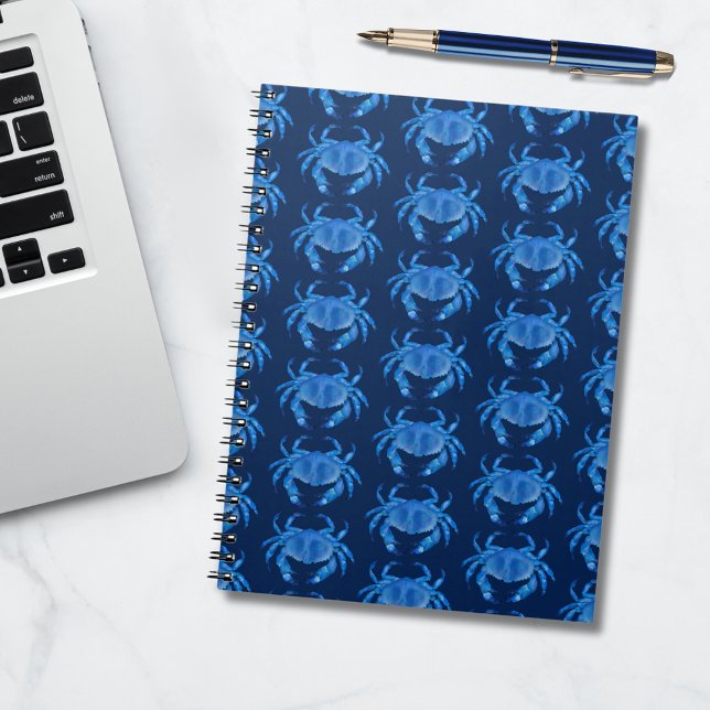 Blue Crab Seaside Ocean pattern Notebook (Blue coastal crab on navy blue.  Other colors & matching items available. )