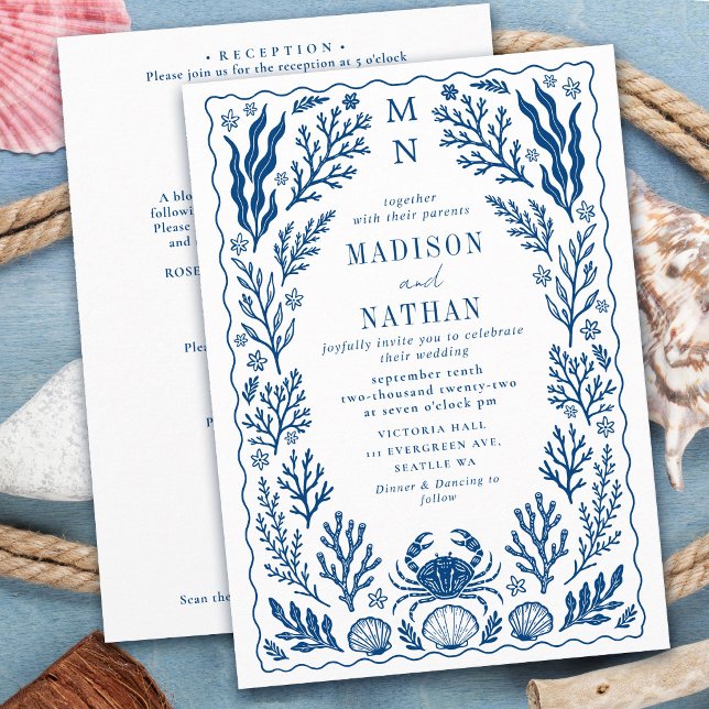 Blue Crab Shell Ocean Beach Wedding QR Code Invitation (Creator Uploaded)