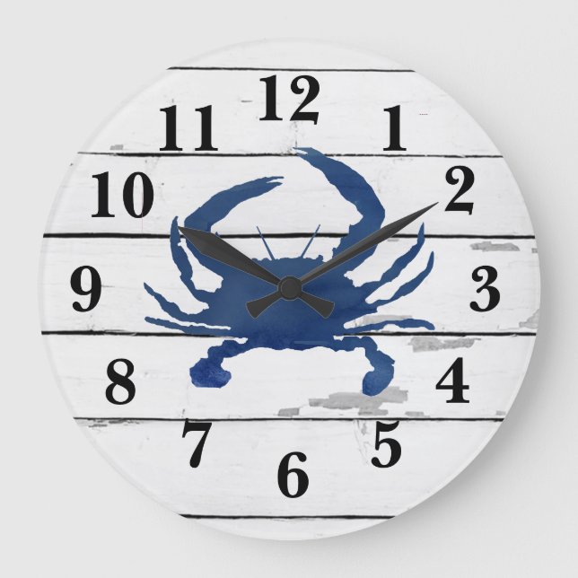 Blue Crab Ship Beach Rustic Painting Large Clock (Front)