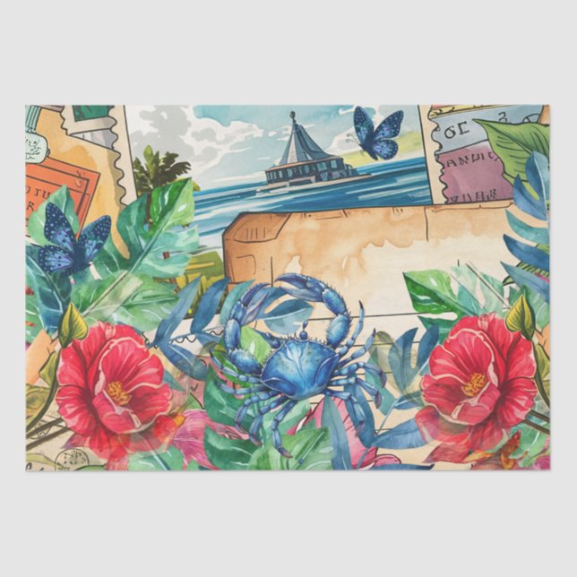 Blue Crab Tropical Florals & Butterflies Tissue Paper (Front)