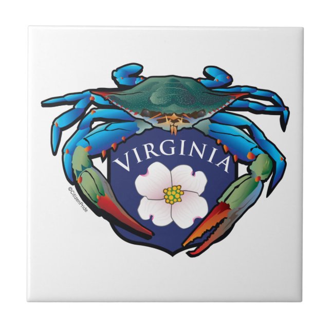Blue Crab Virginia Dogwood Crest Ceramic Tile (Front)
