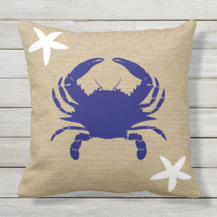 Blue Crab & White Starfish Nautical Beach "Burlap" Cushion