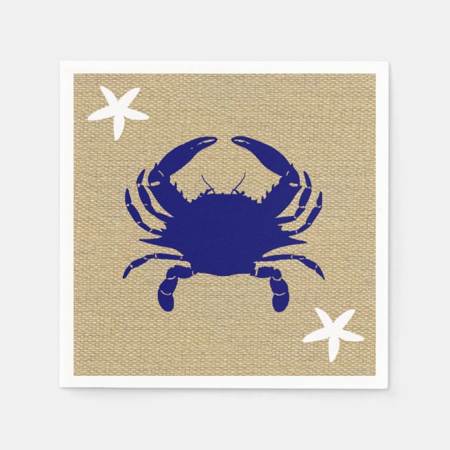 Blue Crab & White Starfish Nautical Beach "Burlap" Napkin (Front)