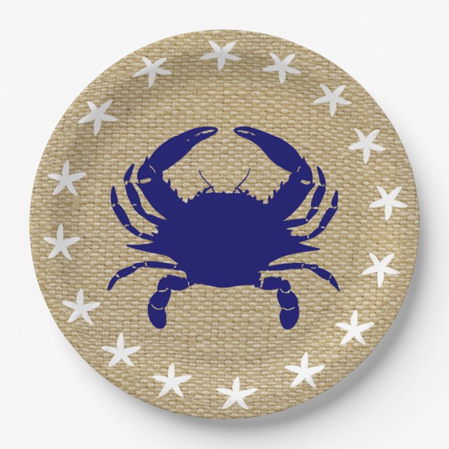 Blue Crab & White Starfish Nautical Beach "Burlap" Paper Plate (Front)