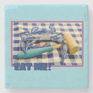 Blue Crab with mallet on gingham tablecloth Eat Me Stone Coaster