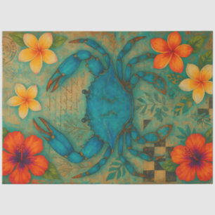 Blue Crab with Tropical Flowers Decoupage Tissue Paper