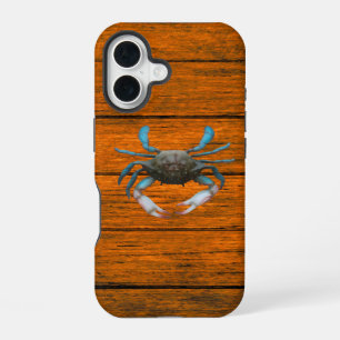 Blue Crab Wood Grain iPhone 16 Case