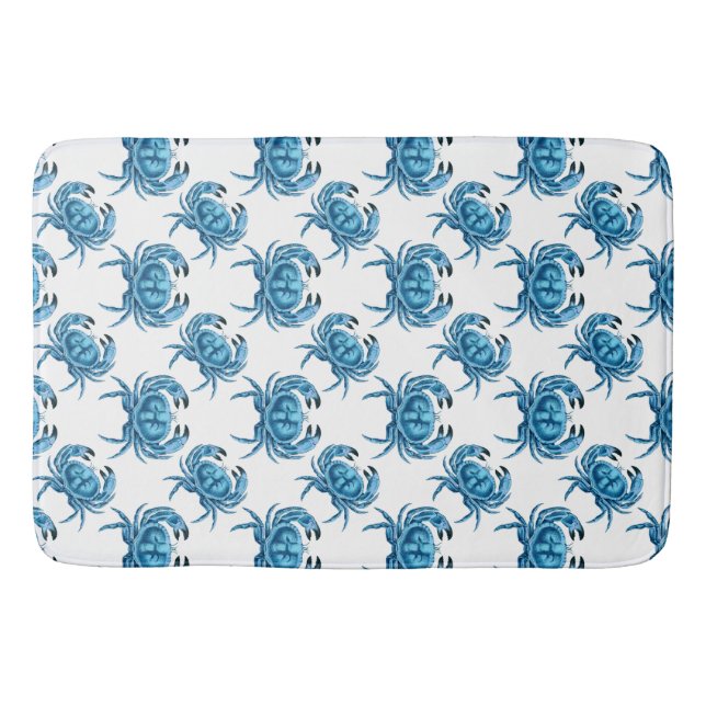 Blue Crabs Classic Coastal Pattern Bath Mat (Front)