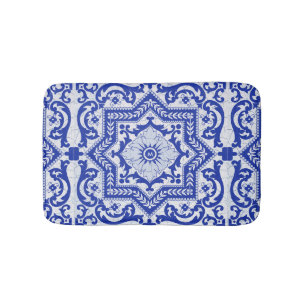 Blue Cracked Ceramic Style Azulejo Vintage Bath Mat