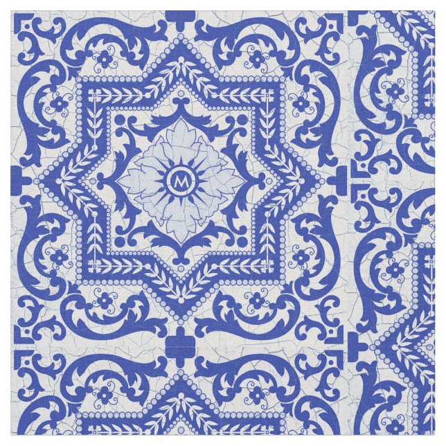 Blue Cracked Ceramic Style Azulejo Vintage Fabric (Close Up)