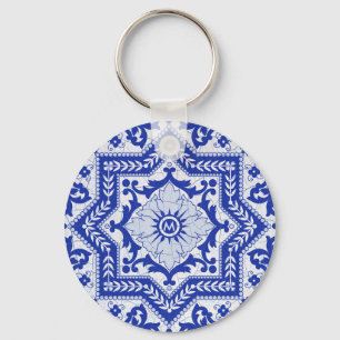Blue Cracked Ceramic Style Azulejo Vintage Key Ring