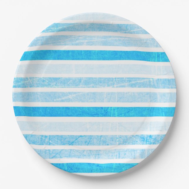 Blue Crackle Striped Paper Large Paper Plates (Front)