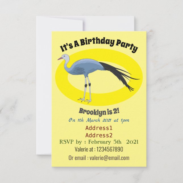 Blue crane bird cartoon illustration  invitation (Front)