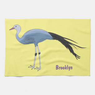 Blue crane bird cartoon illustration tea towel