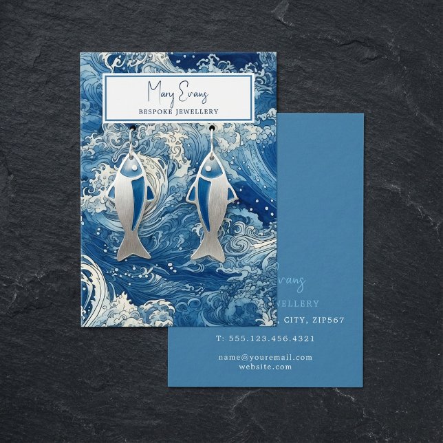 Blue crashing waves stud earring display card (Blue crashing waves stud earring display card.)