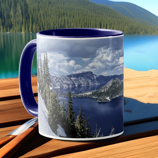 Blue Crater Lake Photo Snowy Mountain Landscape Mug (Crater Lake Oregon scenic landscape photo mug)