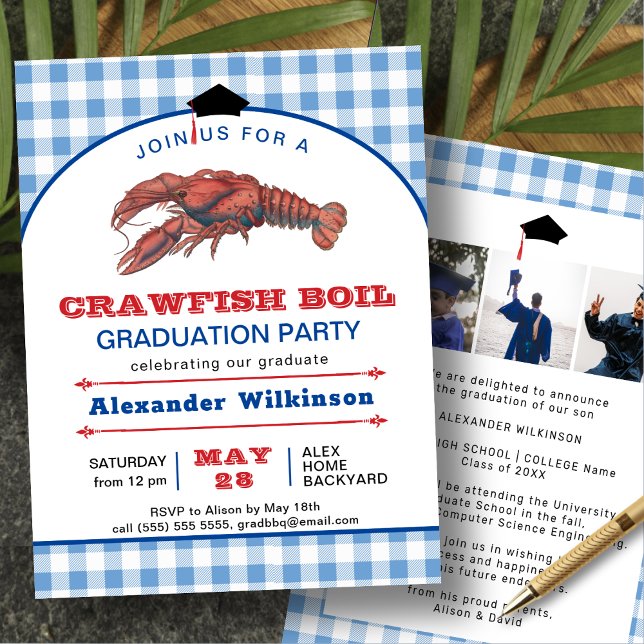 Blue Crawfish Boil 3 Photo Graduation BBQ Party Invitation (Creator Uploaded)