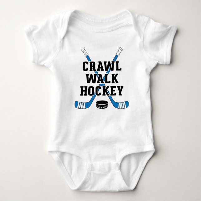 Blue Crawl Walk Hockey Sticks and Puck Cute Infant Baby Bodysuit (Front)