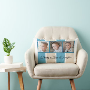 Blue cream and white photo collage family striped lumbar cushion
