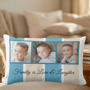 Blue cream and white photo collage family striped lumbar cushion