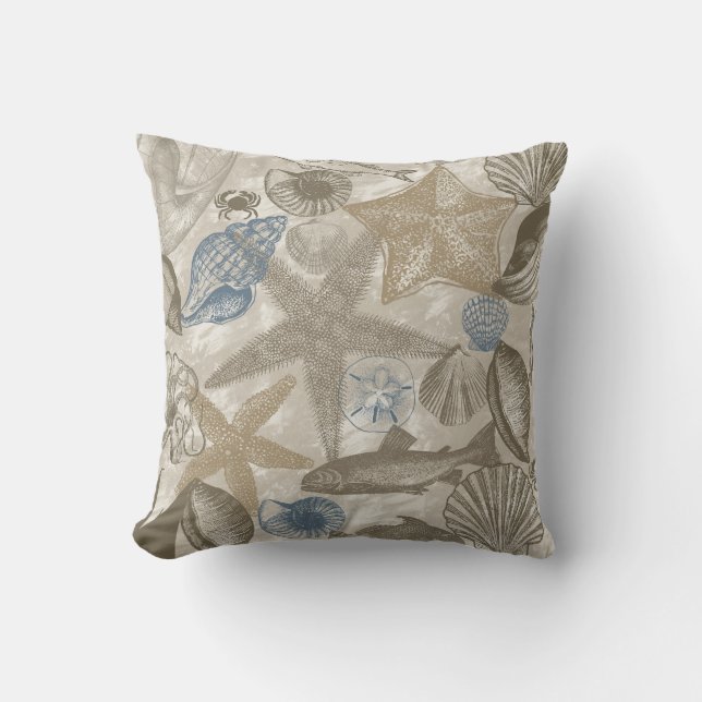 Blue Cream Beach Ocean Shells Cushion (Front)