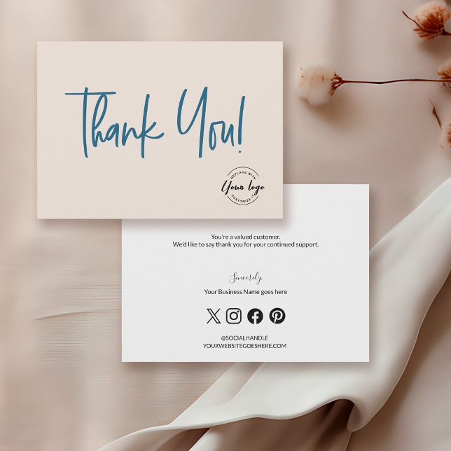 Blue cream black Company Logo Social Thank You  (Custom Cream and Blue small business thank you for your business card with social media icons.)