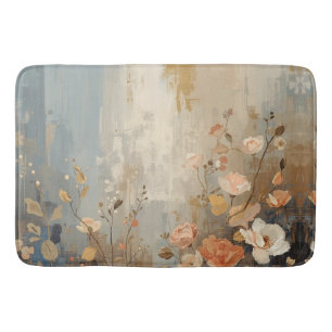 Blue Cream Brown Peach Farmhouse Stripe floral Bath Mat