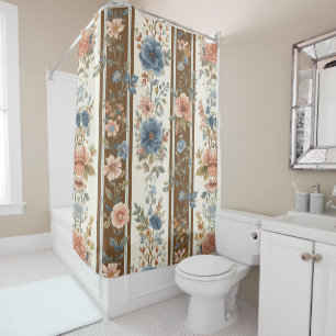 Blue Cream Brown Peach Farmhouse Stripe floral Shower Curtain