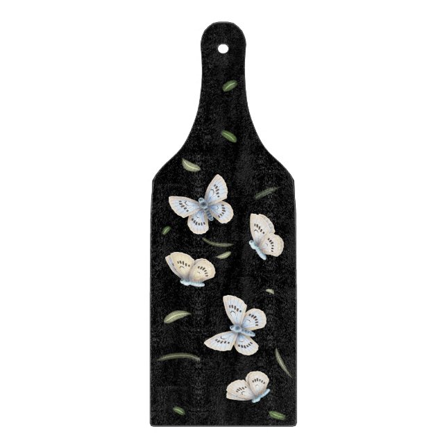 Blue & Cream Butterflies in Dreamy Flight Black Cutting Board (Front)
