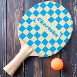 Blue & Cream Chequered with Name Ping Pong Paddle