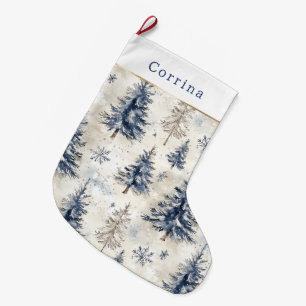 Blue Cream Christmas Snowflakes Large Christmas Stocking