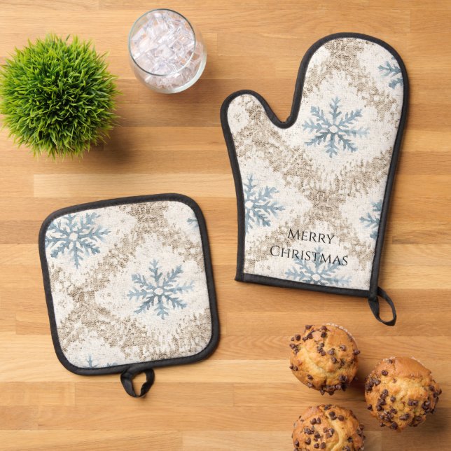 Blue Cream Christmas Snowflakes Oven Mitt & Pot Holder Set (Top Down)