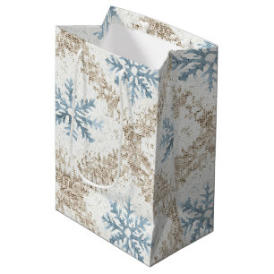 Blue Cream Christmas Stripes Snowflakes Medium Gift Bag