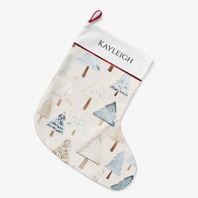 Blue Cream Christmas Trees burgundy stripe   Large Christmas Stocking (Front (Hanging))