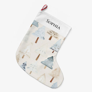 Blue Cream Cosy Christmas Trees Large Christmas Stocking