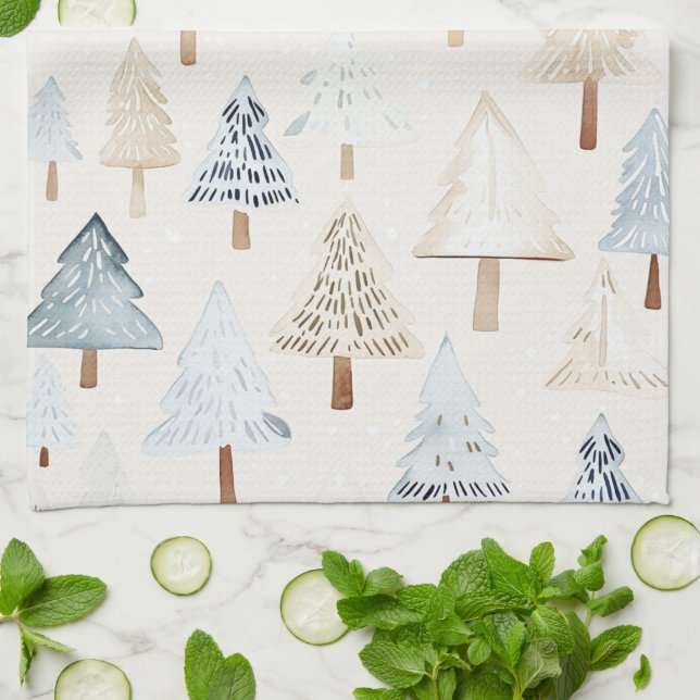 Blue Cream Cosy Christmas Trees Tea Towel (Folded)