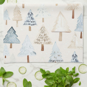 Blue Cream Cozy Christmas Trees Tea Towel