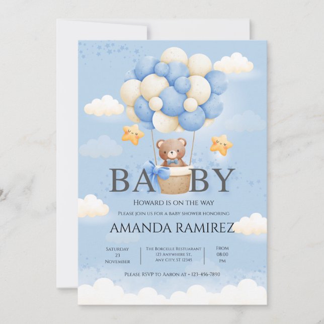 Blue & Cream Elephant Baby Boy Shower Invitation (Front)
