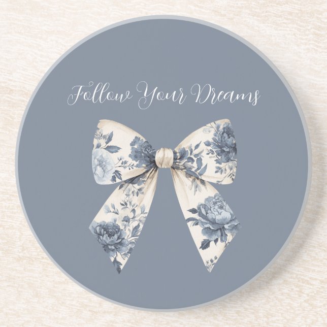 Blue Cream Floral Bow  Coaster (Front)
