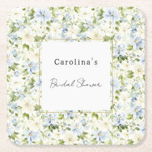 Blue Cream Floral Bridal Shower Square Paper Coaster