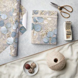 Blue Cream Floral Gold Elegant Wrapping Paper